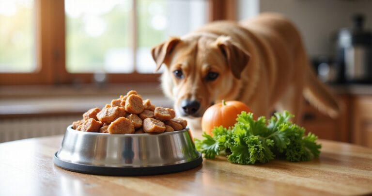 Hundenapf mit Futter und Gemüse auf Holztisch, Hund im Hintergrund kratzt sich leicht