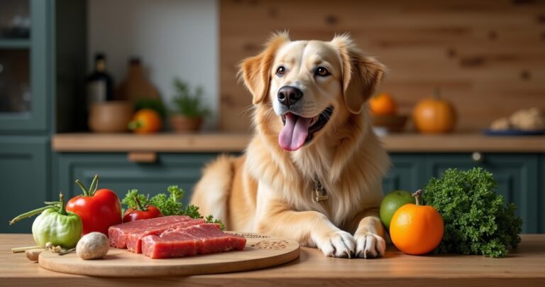 Hund neben Schale mit Gemüse, Fleisch, Körnern und Öl auf Holzbrett in heller moderner Küche