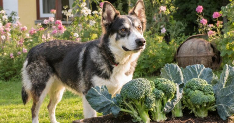 Ein Hund sitzt in einer hellen Küche vor einem frischen Brokkolikopf auf einem Holzbrett neben einem Napf mit Brokkolistücken.