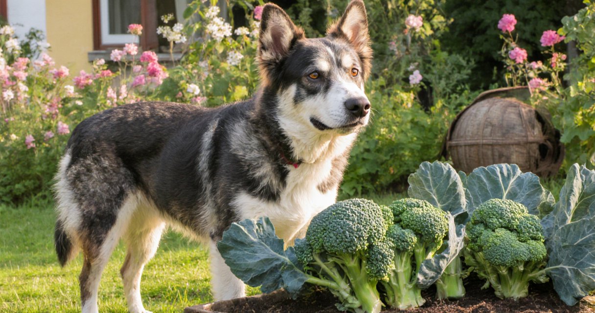 Ein Hund sitzt in einer hellen Küche vor einem frischen Brokkolikopf auf einem Holzbrett neben einem Napf mit Brokkolistücken.