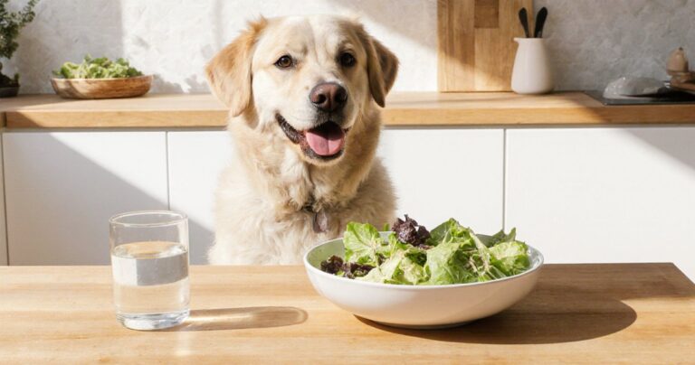 Hund sitzt neben Schüssel mit frischem Eisbergsalat in heller moderner Küche