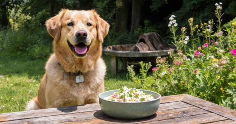 Hund sitzt an einem Küchentisch neben einer Schüssel frischem Feldsalat und Gemüse