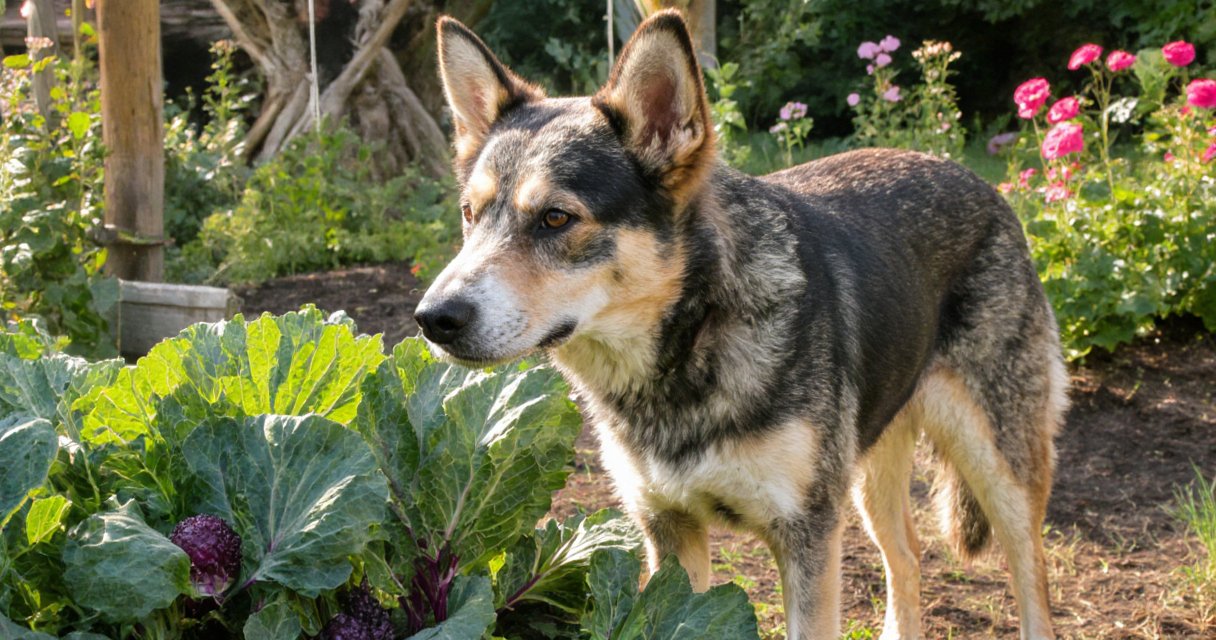 Hund sitzt vor einer Schüssel mit frischem Grünkohl auf einem Holztisch in heller moderner Küche
