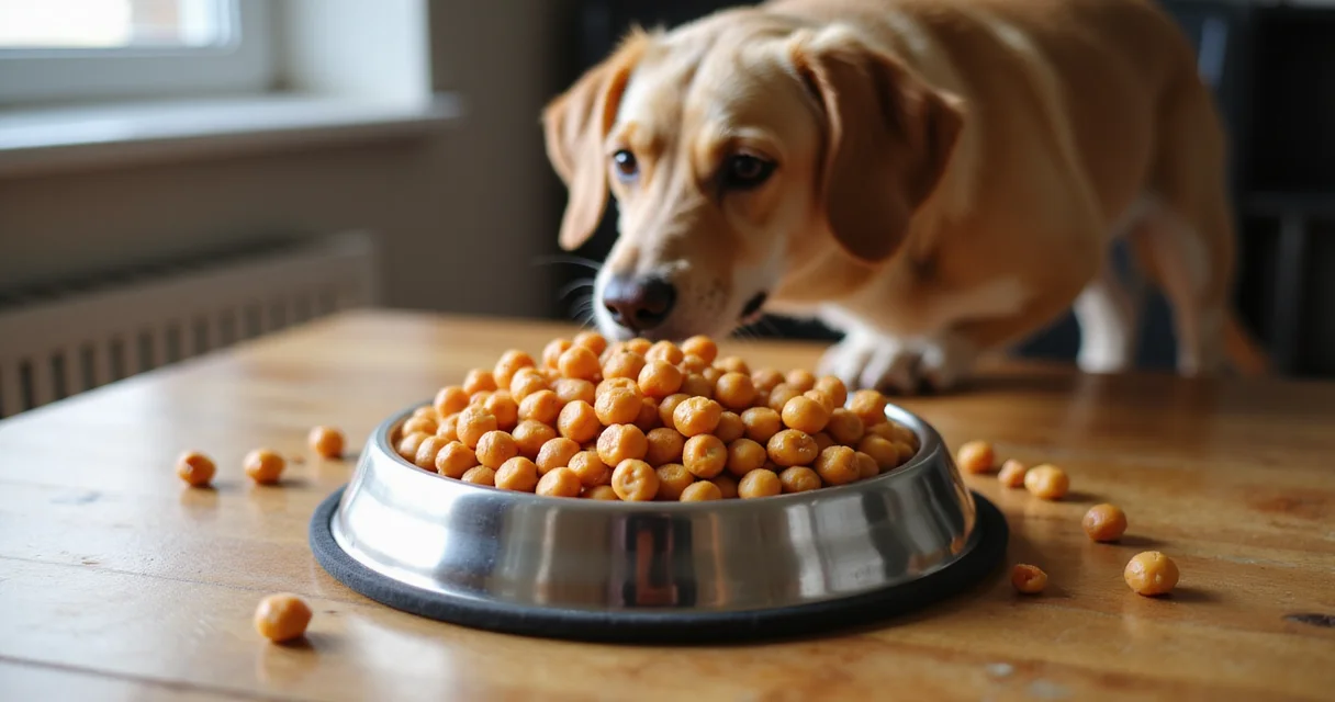 Edelstahlnapf mit gekochten Kichererbsen auf Holztisch, Hund im Hintergrund