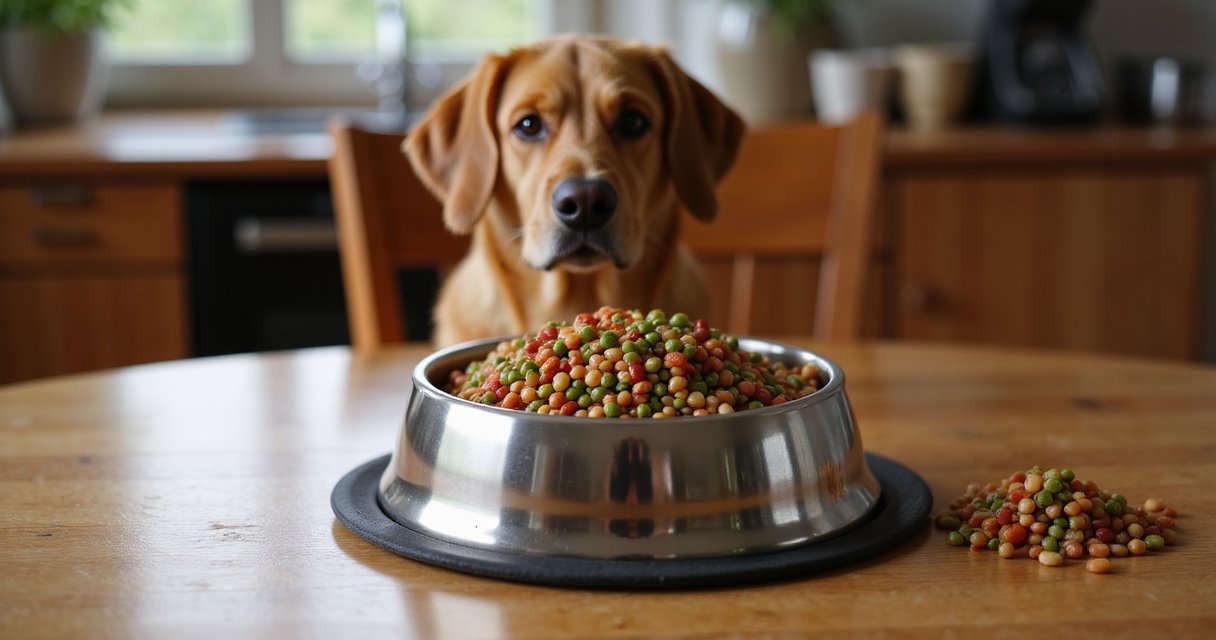 Schüssel mit gekochten Linsen auf Holztisch, daneben rohe Linsen und ein Hund im Hintergrund