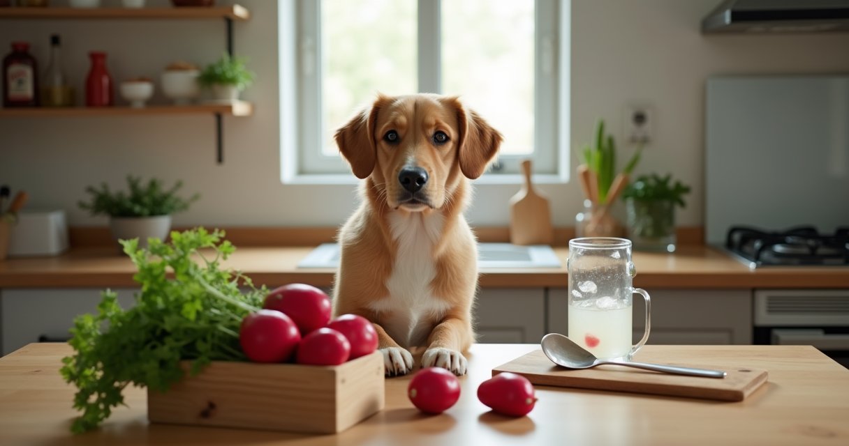 Ein Hund sitzt in einer Küche vor einer Holzschale mit roten Radieschen und grünem Blattwerk auf einem Tisch.