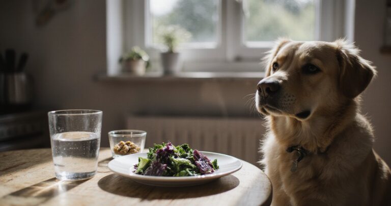 Hund sitzt in einer Küche neben einem Teller mit Rotkohl auf einem Holztisch.
