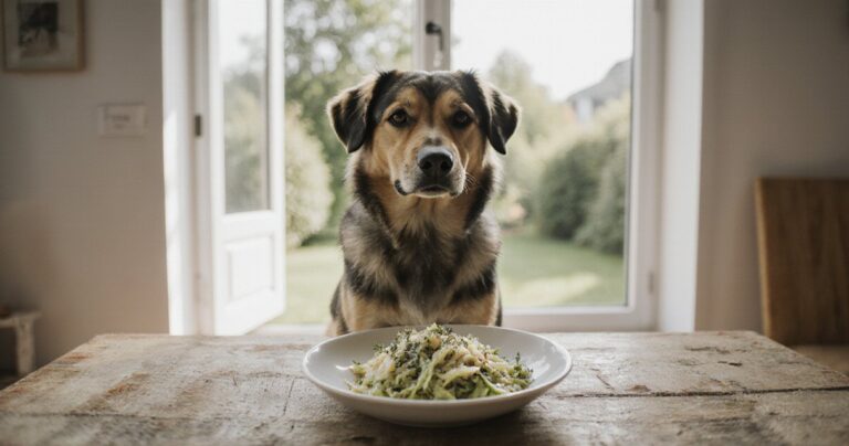 Hund sitzt vor einer Schale mit frischem Sauerkraut auf einem Holztisch in einer hellen Küche mit Gartenblick