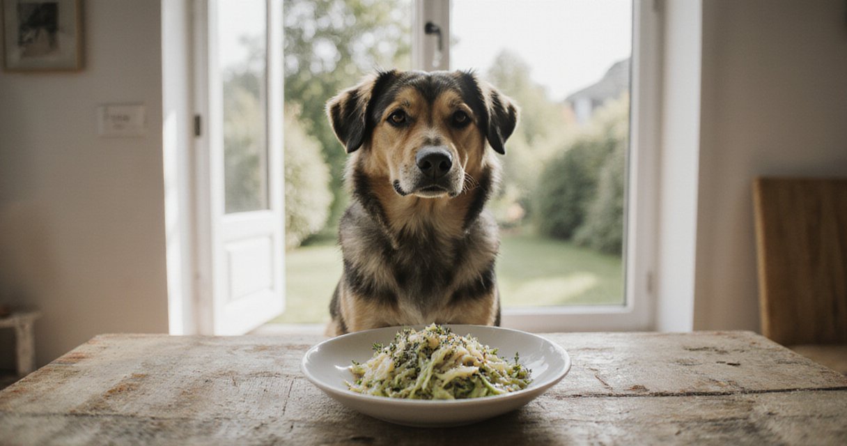Hund sitzt vor einer Schale mit frischem Sauerkraut auf einem Holztisch in einer hellen Küche mit Gartenblick