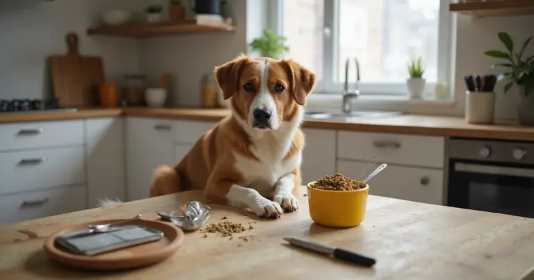 Hund sitzt in Küche neben Waage und Napf mit Futter, daneben liegen Messbecher und Notizblock.