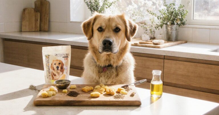 Hund neben Futternapf mit Kroketten, Messlöffeln mit Pulver und Ölflasche in heller Küche mit Kräutern