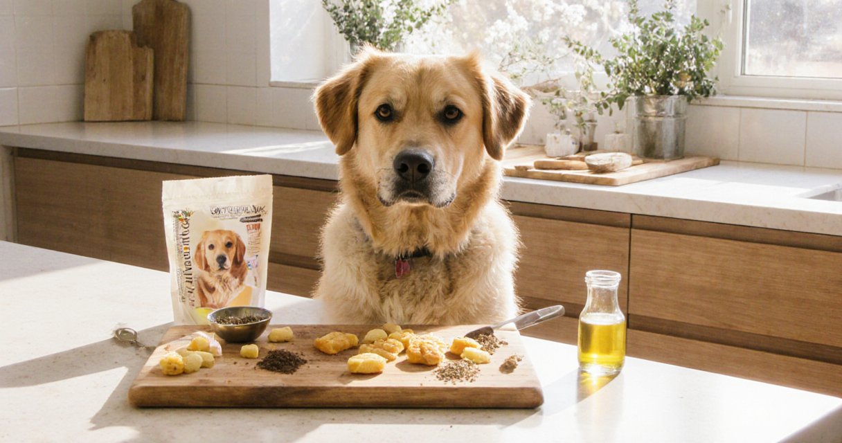 Hund neben Futternapf mit Kroketten, Messlöffeln mit Pulver und Ölflasche in heller Küche mit Kräutern