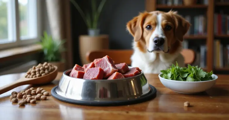Alte und moderne Futternäpfe mit frischem Fleisch und Gemüse auf einem Holztisch, Hund im Hintergrund
