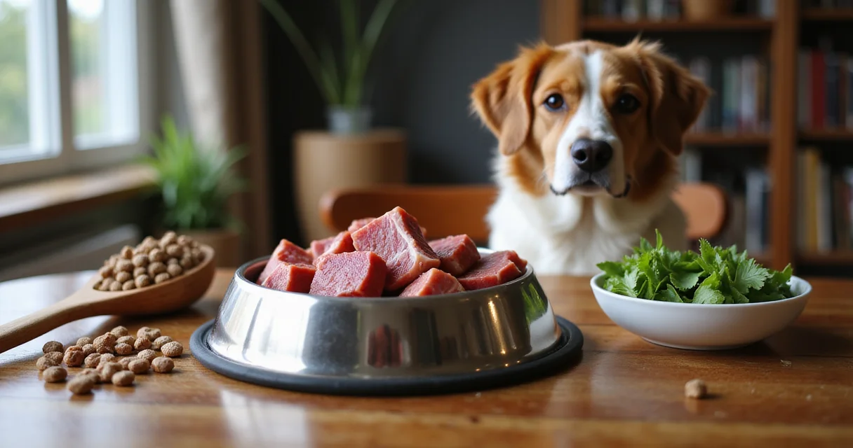Alte und moderne Futternäpfe mit frischem Fleisch und Gemüse auf einem Holztisch, Hund im Hintergrund