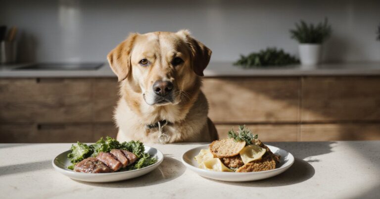 Hund sitzt vor zwei Futternäpfen, einer mit Fleisch und Gemüse, der andere mit Reis, Nudeln und Brot, in moderner Küche