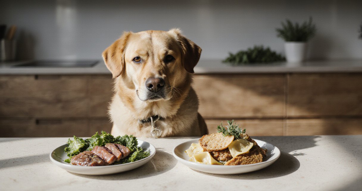 Hund sitzt vor zwei Futternäpfen, einer mit Fleisch und Gemüse, der andere mit Reis, Nudeln und Brot, in moderner Küche