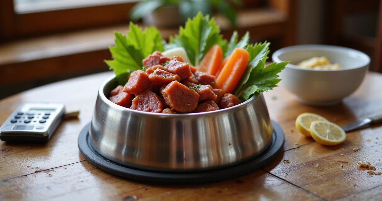 Hundenapf mit frischem Fleisch und Gemüse auf Holztisch neben Preisetikett und Taschenrechner