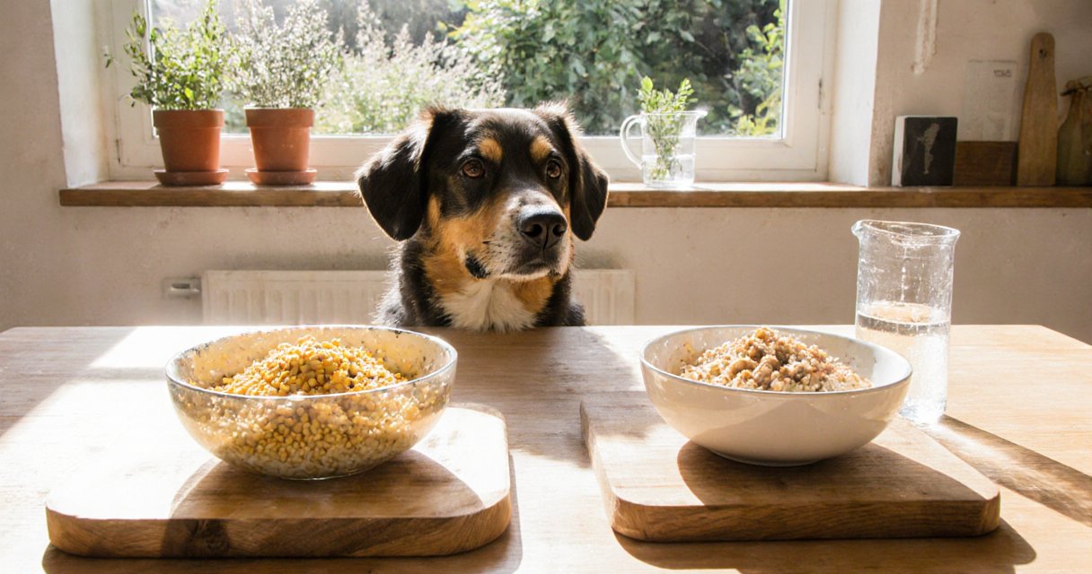 Hund schaut neugierig auf zwei Futternäpfe mit Nassfutter und Trockenfutter auf einem Holztisch in einer hellen Küche