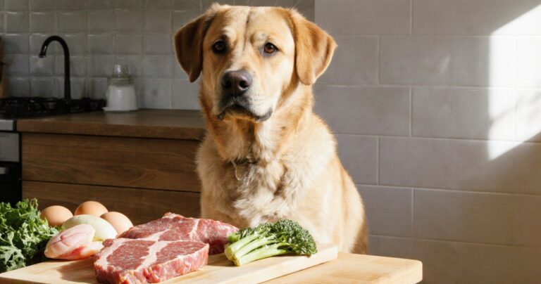 Hund sitzt in moderner Küche vor Napf mit Fleisch, Eiern und Gemüse, umgeben von proteinreichen Zutaten