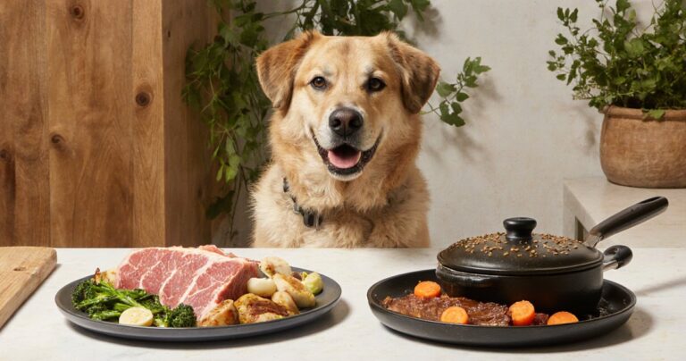 Zwei Näpfe mit rohem Fleisch und gekochtem Eintopf, Hund sitzt dazwischen in moderner Küche