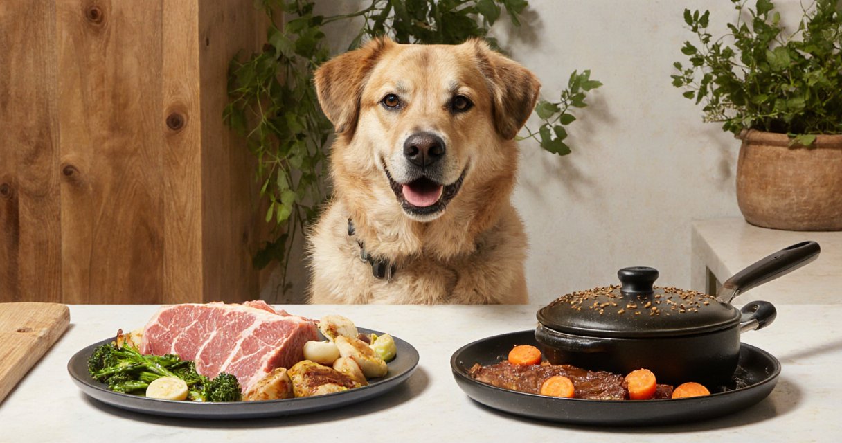 Zwei Näpfe mit rohem Fleisch und gekochtem Eintopf, Hund sitzt dazwischen in moderner Küche