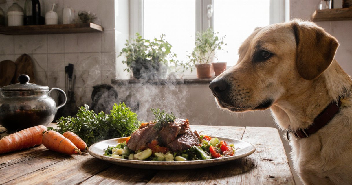 Ein Napf mit selbstgekochtem Hundefutter aus Fleisch, Gemüse und Reis auf einem Holztisch in einer modernen Küche