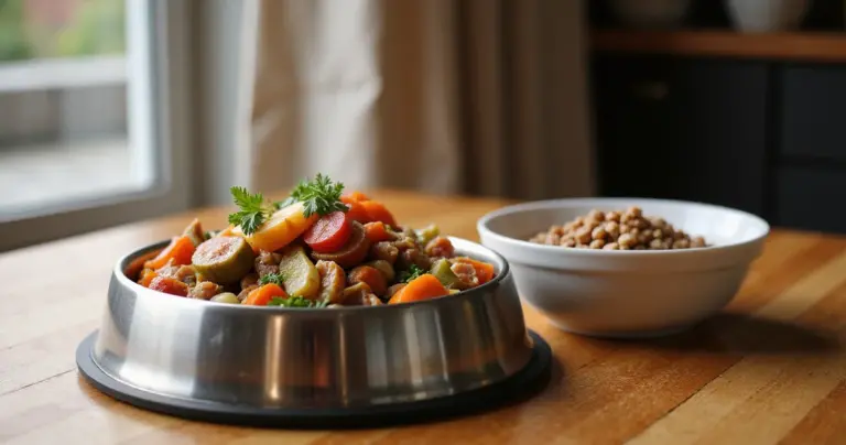 Zwei Hundenäpfe mit frischem Fleisch, Gemüse und Trockenfutter auf einem Holztisch