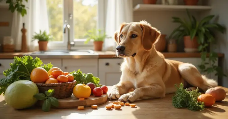 Hund sitzt in heller Küche neben Schale mit Gemüse, Obst und Kräutern, symbolisch für Vitamine und Mineralstoffe.