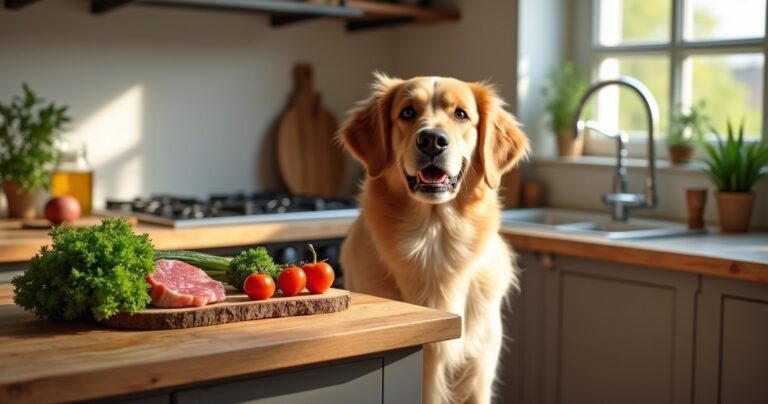 Hund neben Schale mit frischem Gemüse, Fleisch, Kräutern und Wassernapf in sonniger moderner Küche