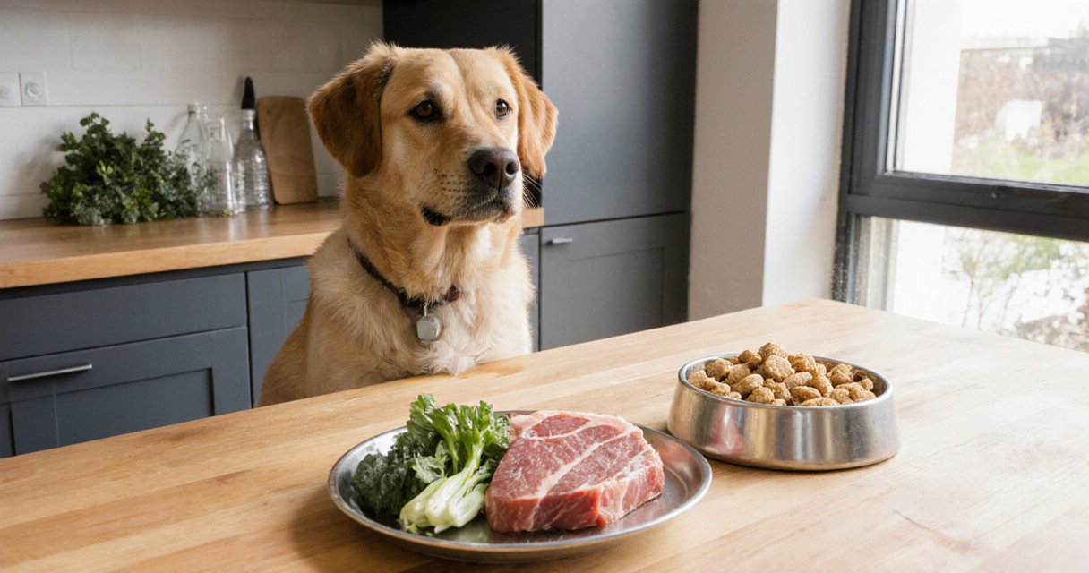 Hund sitzt vor zwei Futterschüsseln, links frisches Gemüse und Fleisch, rechts minderwertiges Trockenfutter auf Holztisch