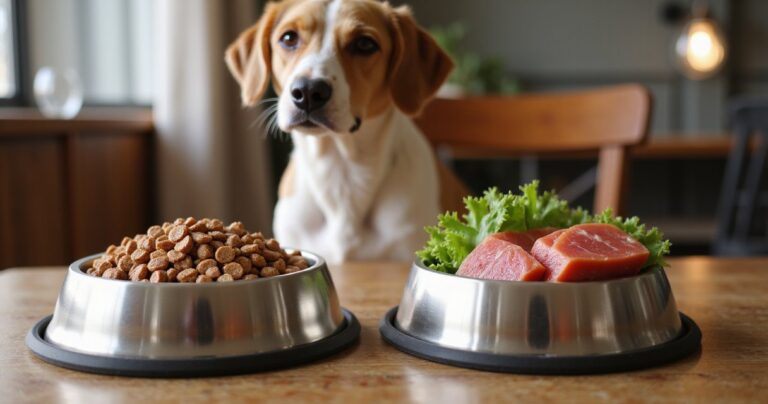 Zwei Hundenäpfe mit Trockenfutter und frischem Fleisch auf einem Holztisch, Hund im Hintergrund