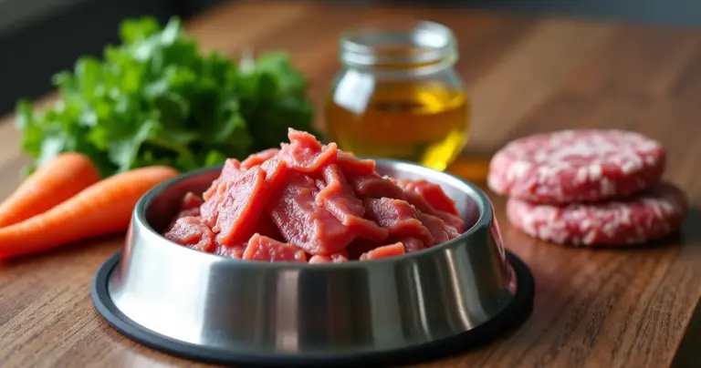 Stahlnapf mit BARF-Mischung und rohen Fleischpatties auf einem Holztisch