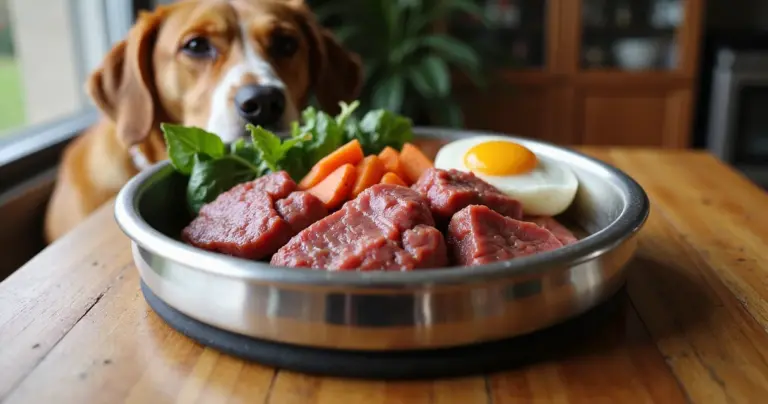Edelstahl-Hundenapf mit rohem Fleisch, Gemüse und Ei auf Holztisch mit Hund im Hintergrund