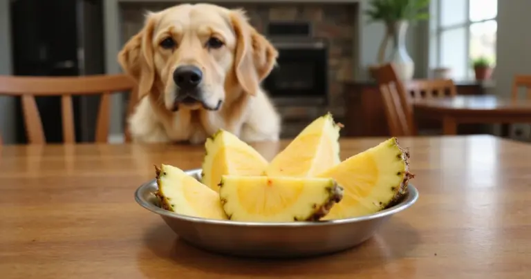 Frische Ananasstücke neben einem Napf auf einem Holztisch mit unscharfem Hund im Hintergrund