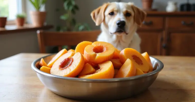 Ein Napf mit Aprikosenstücken steht auf einem Holztisch, im Hintergrund ist ein Hund unscharf zu sehen.