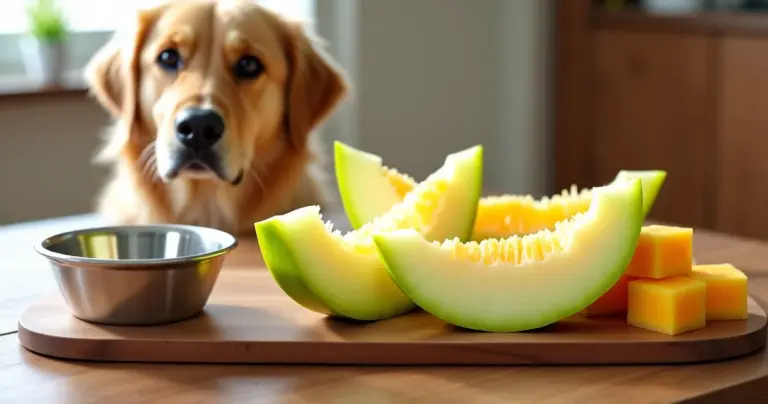 Aufgeschnittene Honigmelone neben einem Hundenapf auf einem Holztisch mit Hund im Hintergrund