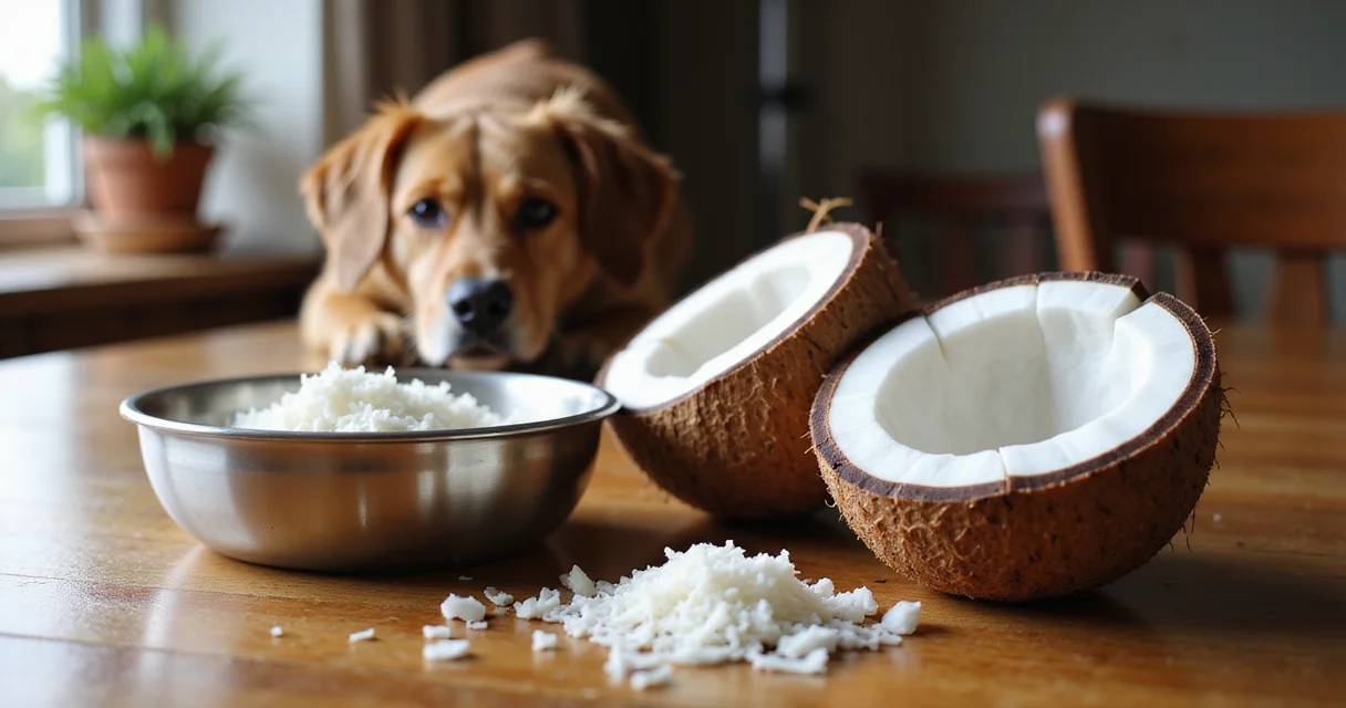 Kokosnusshälften und Kokosstücke in einem Napf auf einem Holztisch mit Hund im Hintergrund