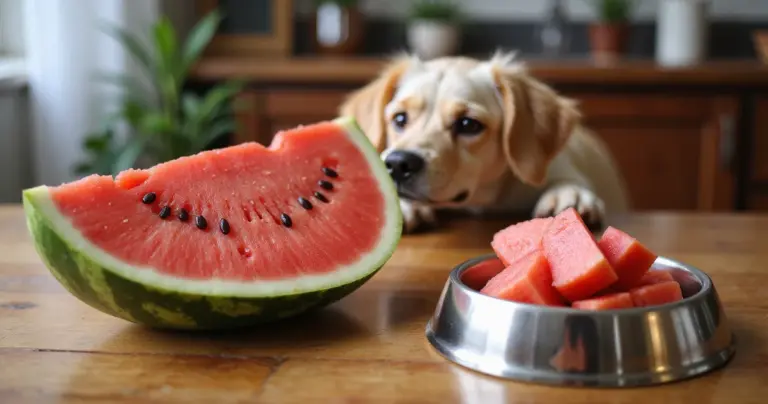 Ein Hund schaut neugierig auf eine aufgeschnittene Wassermelone auf einem Holztisch.