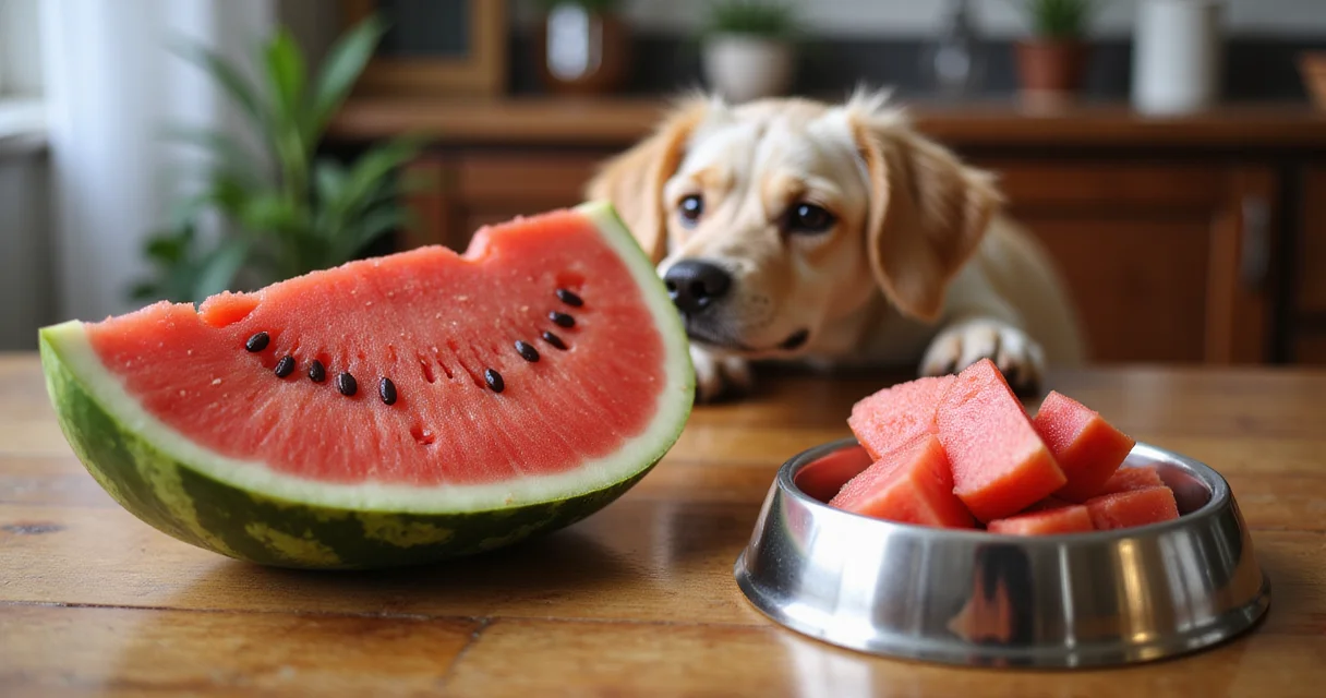 Ein Hund schaut neugierig auf eine aufgeschnittene Wassermelone auf einem Holztisch.