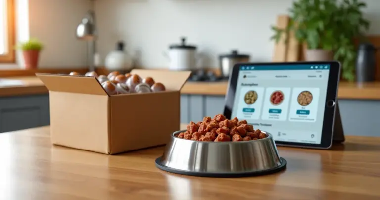Hundefutterschale mit Trockenfutter und Fleischstücken neben Abo-Box und Tablet auf hellen Küchentisch