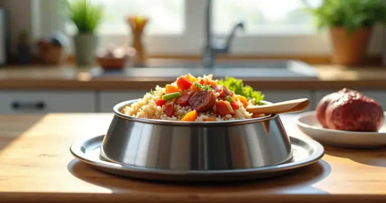 Napf mit gekochtem Fleisch, Reis und Gemüse für Hunde auf hellem Küchentisch