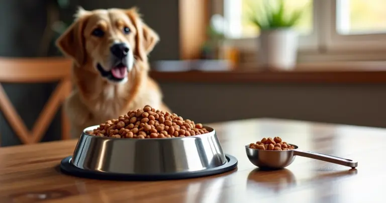 Edelstahl-Napf mit proteinreichem Hundefutter auf Holztisch, aktiver Hund im Hintergrund