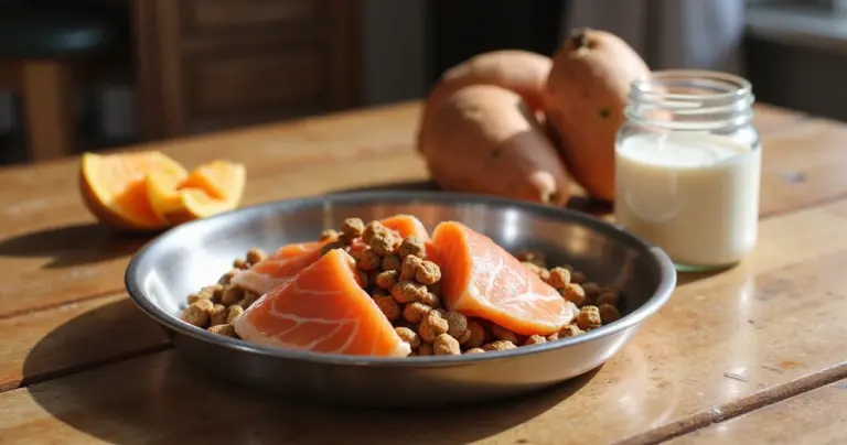 Edelstahlnapf mit hypoallergenem Trockenfutter, Lachs und Süßkartoffel auf Holztisch