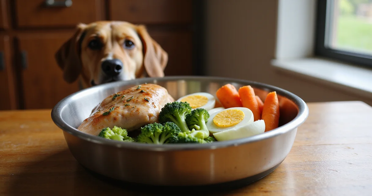 Hundenapf mit Hähnchen, Brokkoli, Eiern und Karotten auf Holztisch, im Hintergrund unscharfer Hund