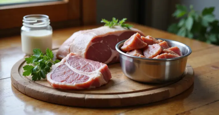 Hundenapf aus Metall mit Monoprotein-Fleisch und Glas mit Proteinpulver auf Holztisch