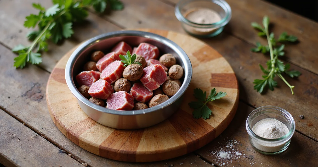 Edelstahlnapf mit Single-Protein-Futter, Fleischstücken und Glas mit Fleischpulver auf Holztisch in natürlichem Licht