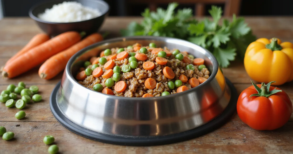Edelstahl-Hundenapf mit veganem Futter aus Linsen, Karotten und Erbsen auf einem Holztisch