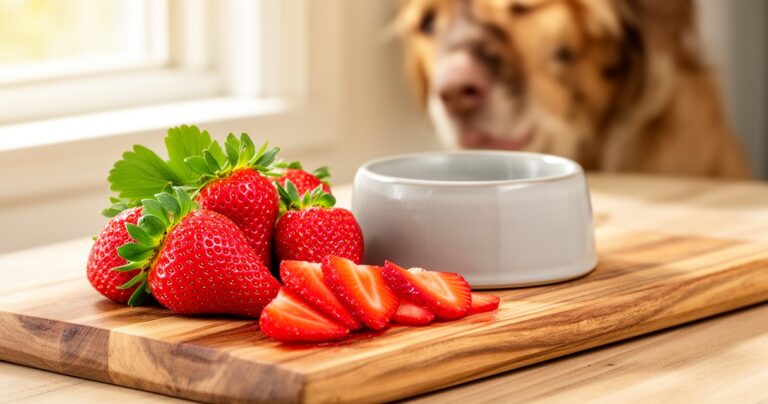 Hundenapf mit frischen Erdbeeren auf einem Tisch als Beispiel für Hundeernährung mit Obst